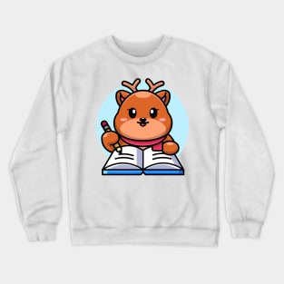 Cute deer writing on book with pencil cartoon Crewneck Sweatshirt